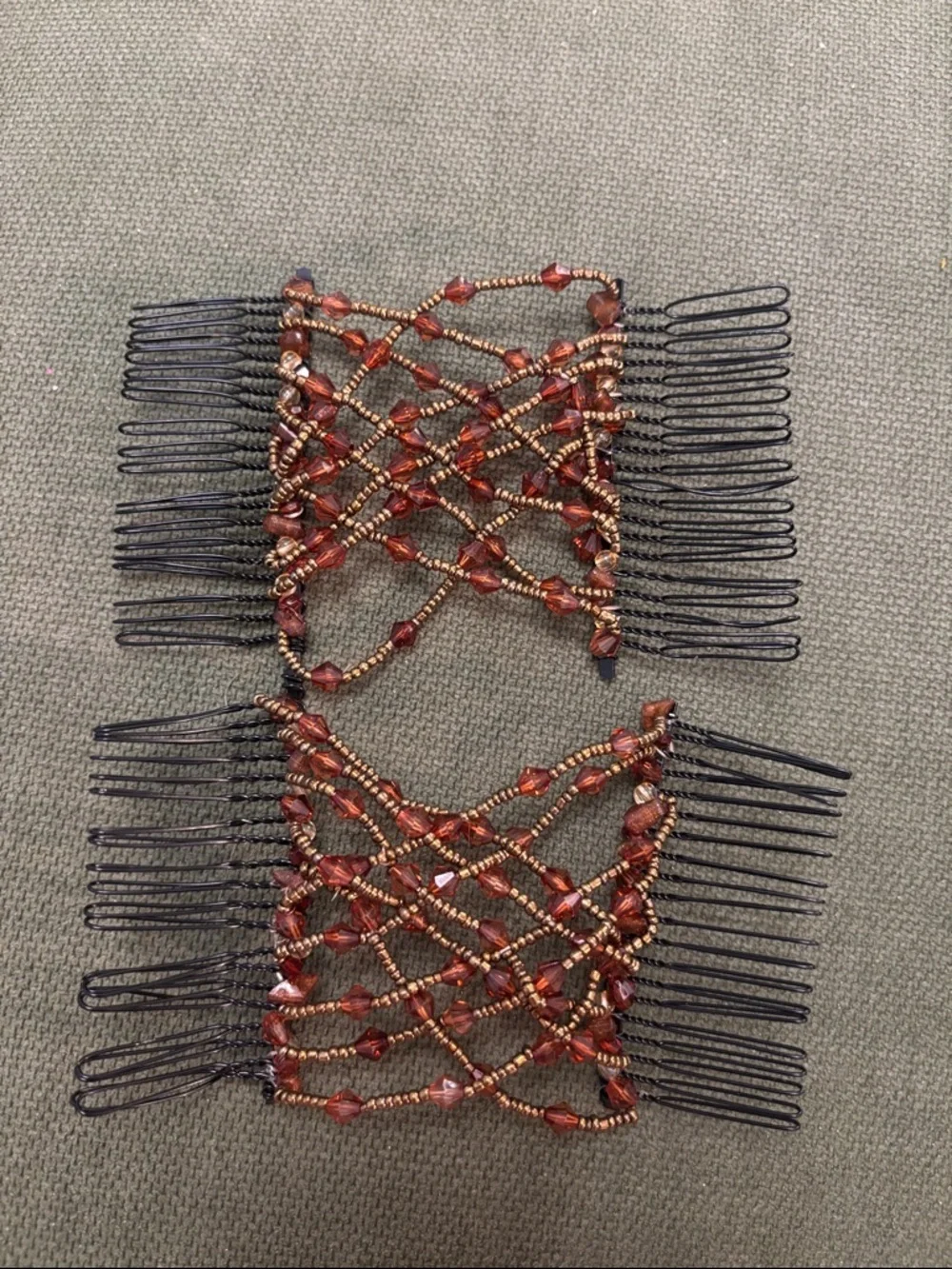 2 Beaded Brown Adjustable Hair Comb Pair - Women Accessories